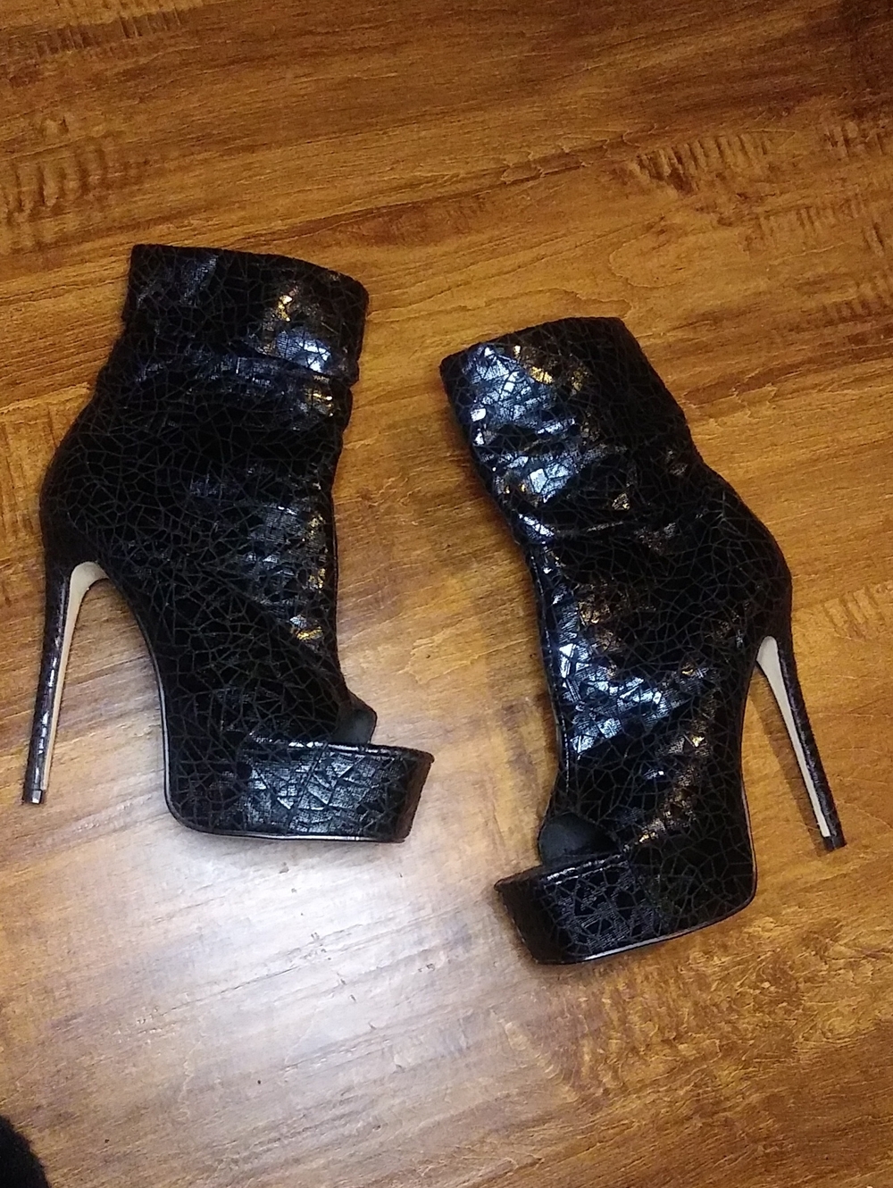 Black Cracked Patent Platform Ankle Booties - Women